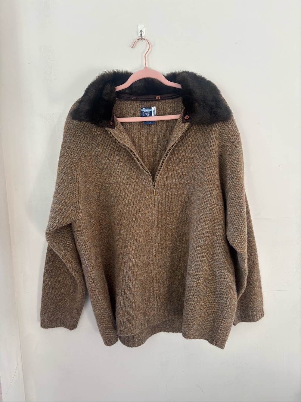 Venezia Jeans 22/24 Brown 100% Wool Zip Sweater with Faux Fur Collar